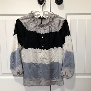 BCBG MAXAZRIA Striped Ruffled Collar Tunic Blouse in Black, Gray, Cream - XXS